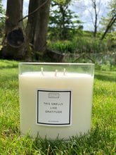 Load image into Gallery viewer, large three wick this smells like gratitude manifestation soy wax candle in transparent jar