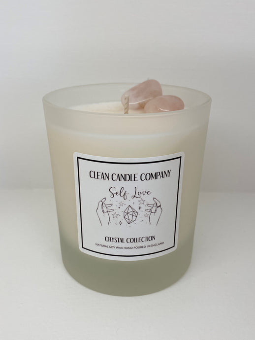 self love rose quartz soy wax candle in transparent jar