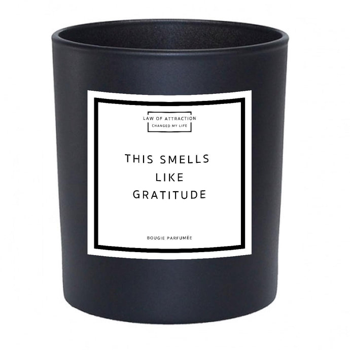 This Smells Like Gratitude Manifestation Soy Wax Candle in black glass jar without lid