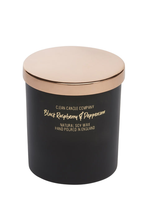 Black Raspberry & Peppercorn Soy Wax Candle in Black Glass Jar with Rose Gold lid