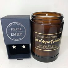 Load image into Gallery viewer, Christmas Gift Box containing sterling silver studs from Fred &amp; Emily Jewellery and a spiced apple and vanilla soy wax candle in a glass jar 