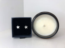 Load image into Gallery viewer, Christmas Gift Box containing a pair of sterling silver studs from Fred &amp; Emily Jewellery plus a Spiced Apple &amp; Vanilla soy wax candle in a glass jar