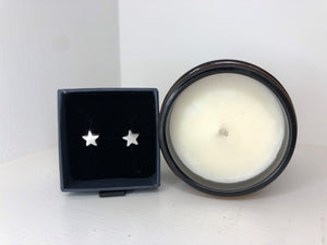 Christmas Gift Box containing a pair of sterling silver studs from Fred & Emily Jewellery plus a Spiced Apple & Vanilla soy wax candle in a glass jar