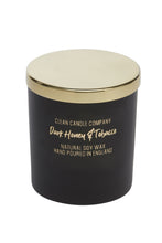 Load image into Gallery viewer, Dark Honey &amp; Tobacco Soy Wax Candle in Black Glass Jar with Gold lid