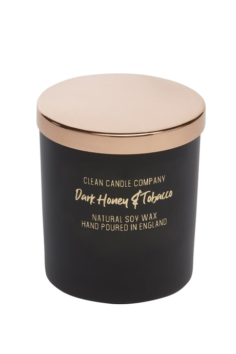 Dark Honey & Tobacco Soy Wax Candle in Black Glass Jar with Rose Gold lid