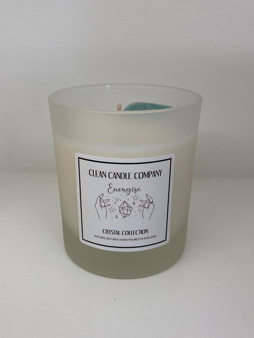 energise amazonite soy wax crystal candle in transparent jar