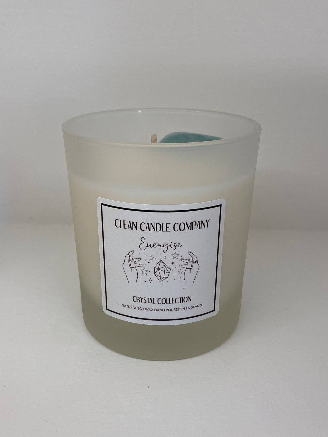 energise amazonite soy wax crystal candle in transparent jar