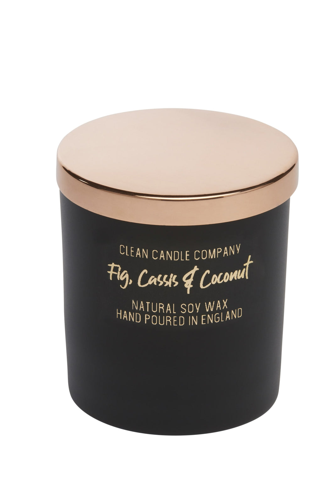 Fig, Cassis & Coconut Soy Wax Candle in Black Glass Jar with Rose Gold lid