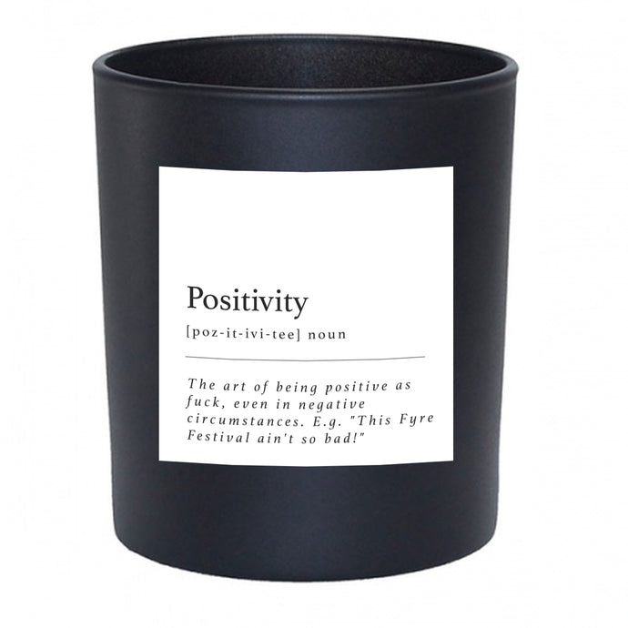 positivity (fyre festival) manifestation soy wax candle in black glass jar