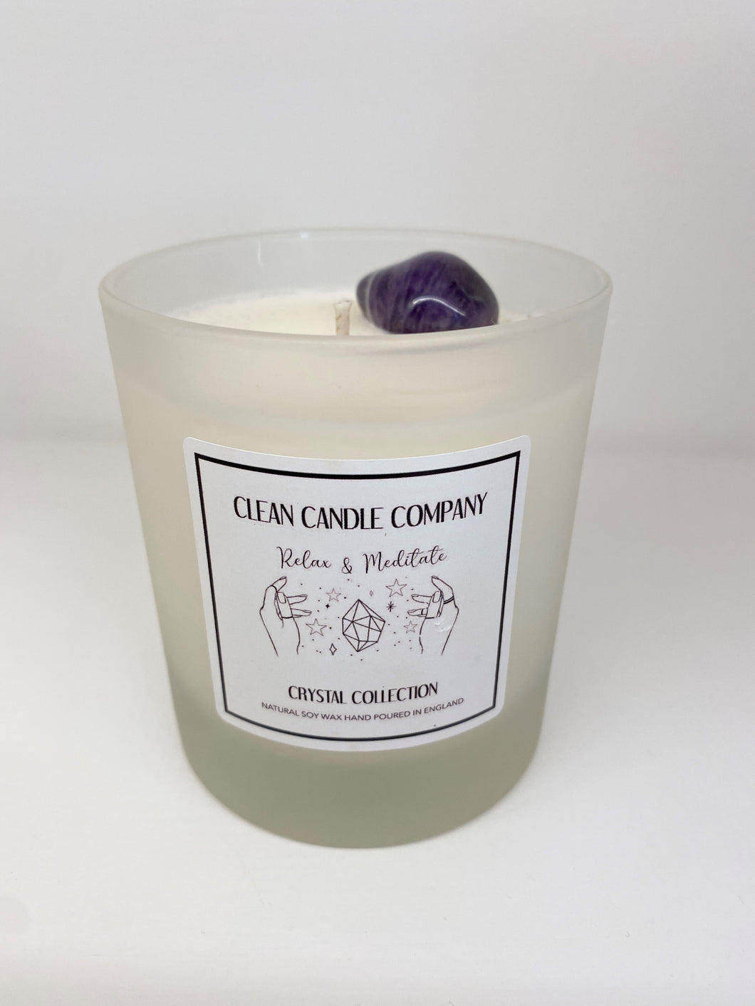 relax and meditate amethyst soy wax crystal candle in transparent jar