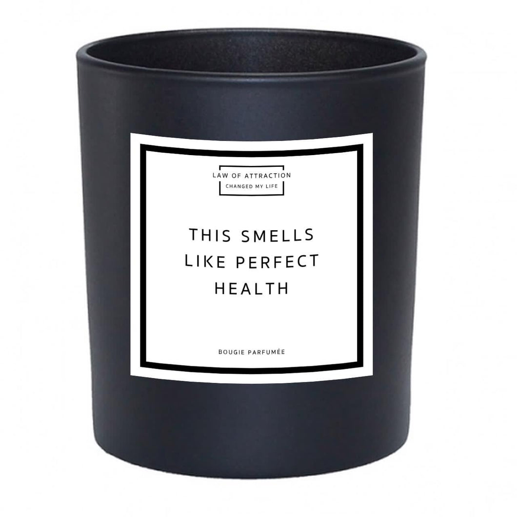This Smells Like Perfect Health Manifestation Soy Wax Candle in black glass jar without lid