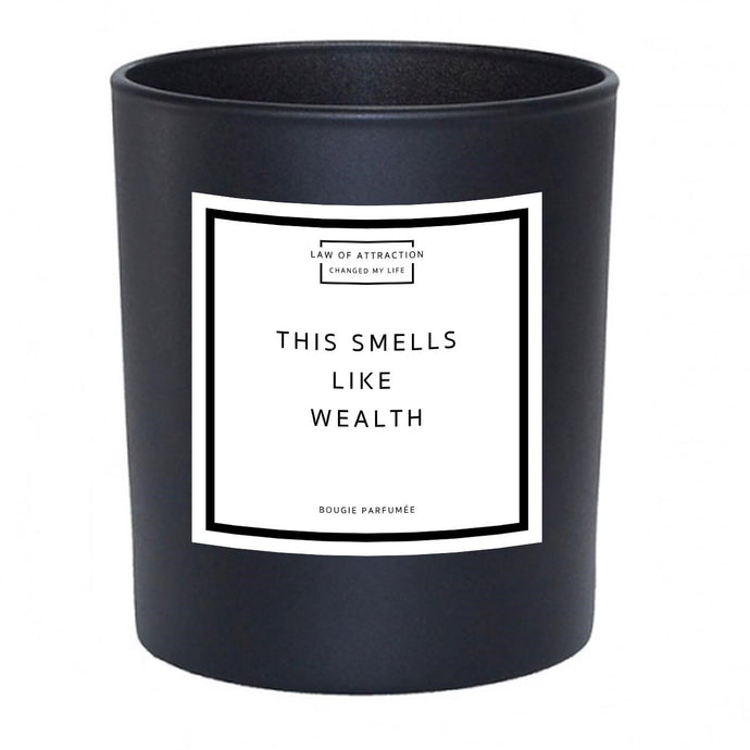 This Smells Like Wealth Manifestation Soy Wax Candle in black glass jar without lid